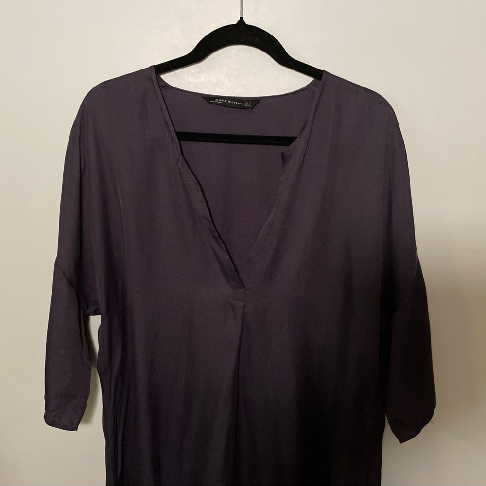 Zara - Dusty Blue-Grey V-Neck 3/4 Sleeve Blouse - Size M​